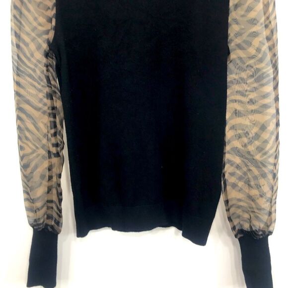 Sioni Milano Black Knit Semi Sheer Zebra Sleeve Pullover Mock Neck Sweater - Picture 3 of 12